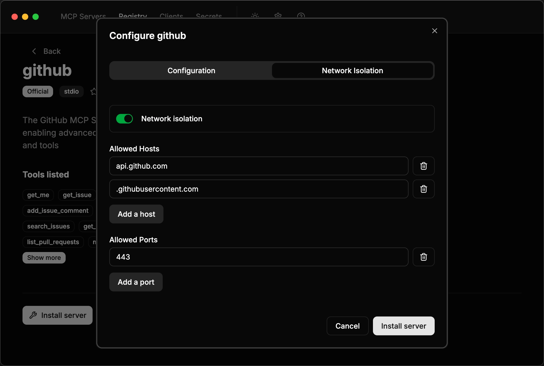Network isolation configuration showing allowed hosts and ports Network isolation configuration showing allowed hosts and ports